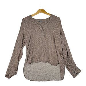Vince 100% Silk Chiffon Micro Print Vneck Long Sleeve Blouse sz 6 Brown